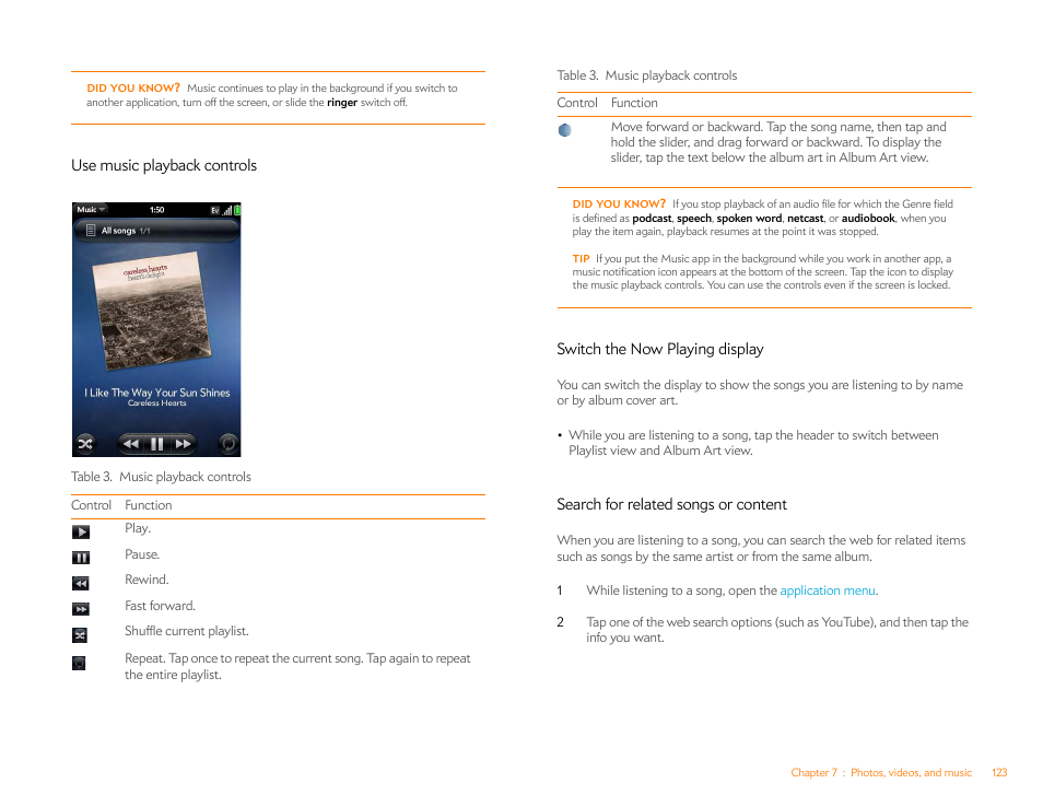 Use music playback controls, Switch the now playing display, Search for related songs or content | Palm Pre Plus User Manual | Page 123 / 209