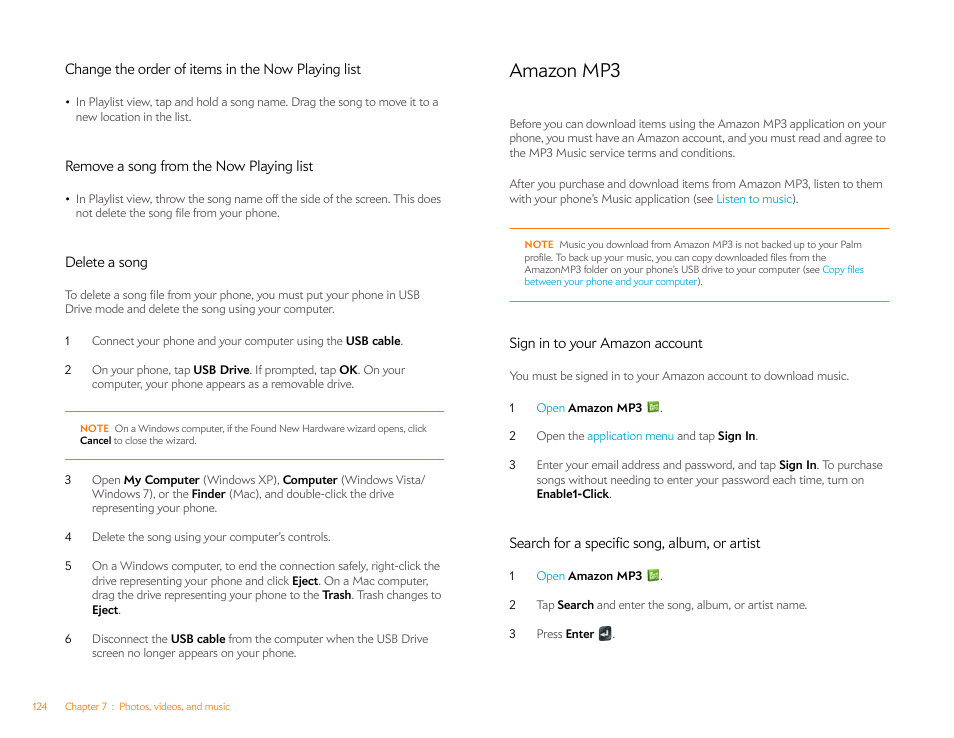 Change the order of items in the now playing list, Remove a song from the now playing list, Delete a song | Amazon mp3, Sign in to your amazon account, Search for a specific song, album, or artist, Amazon | Palm Pre Plus User Manual | Page 124 / 209