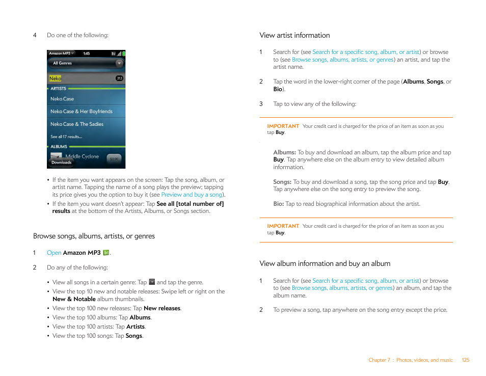 Browse songs, albums, artists, or genres, View artist information, View album information and buy an album | Palm Pre Plus User Manual | Page 125 / 209