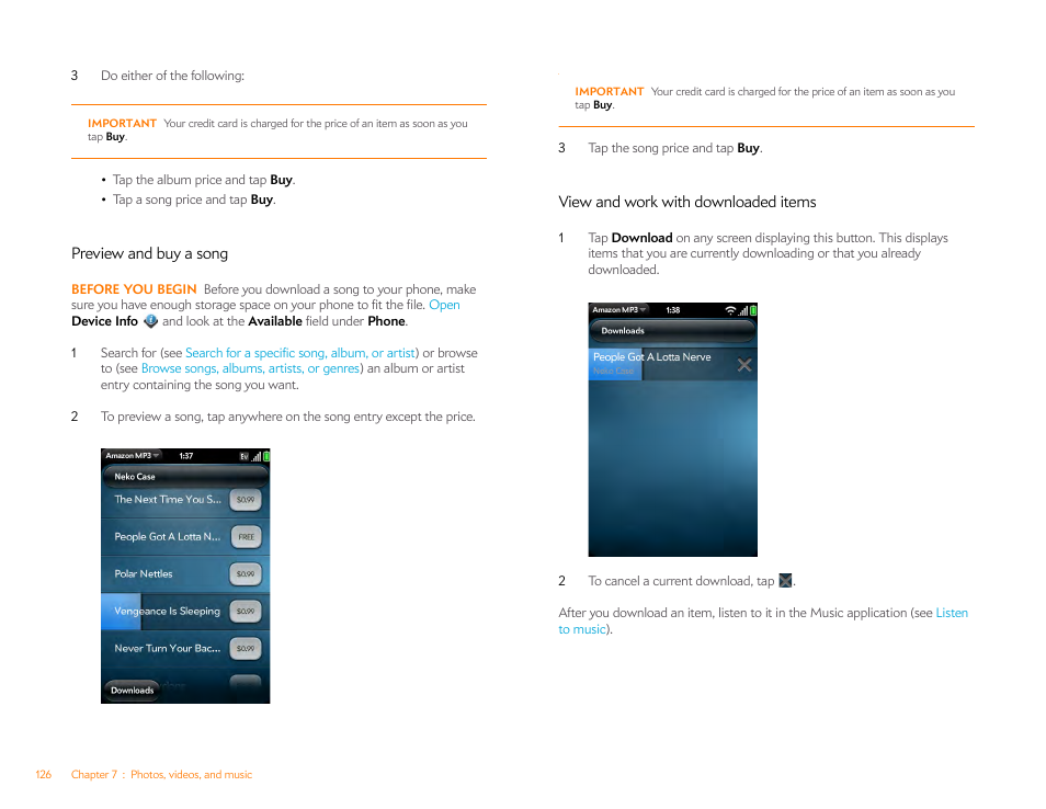 Preview and buy a song, View and work with downloaded items | Palm Pre Plus User Manual | Page 126 / 209