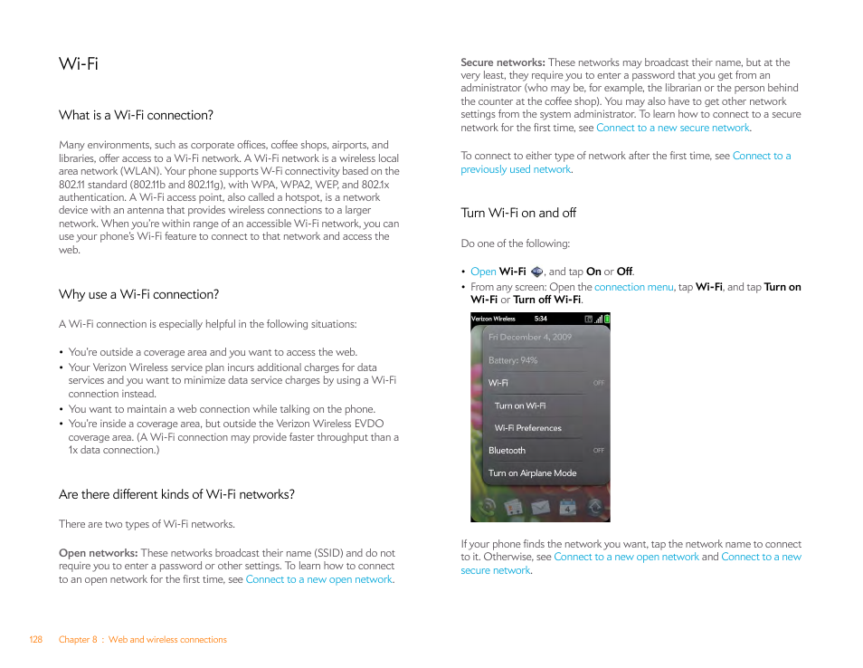 Wi-fi, What is a wi-fi connection, Why use a wi-fi connection | Are there different kinds of wi-fi networks, Turn wi-fi on and off | Palm Pre Plus User Manual | Page 128 / 209