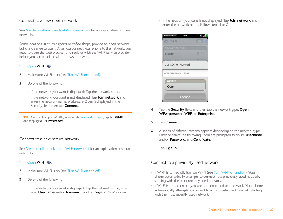 Connect to a new open network, Connect to a new secure network, Connect to a previously used network | Connect to a, Previously used network, Connect to a new, Secure network | Palm Pre Plus User Manual | Page 129 / 209