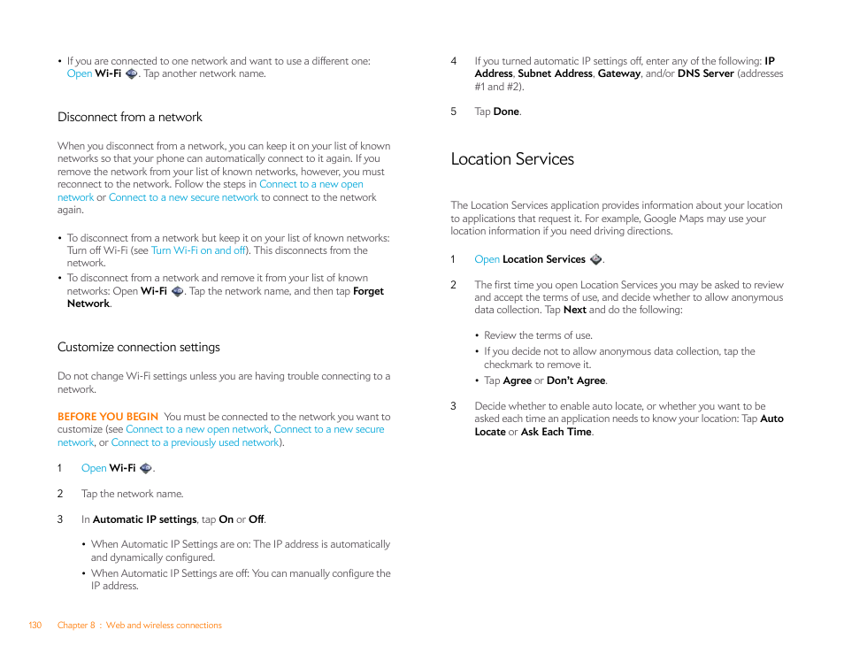 Disconnect from a network, Customize connection settings, Location services | Palm Pre Plus User Manual | Page 130 / 209