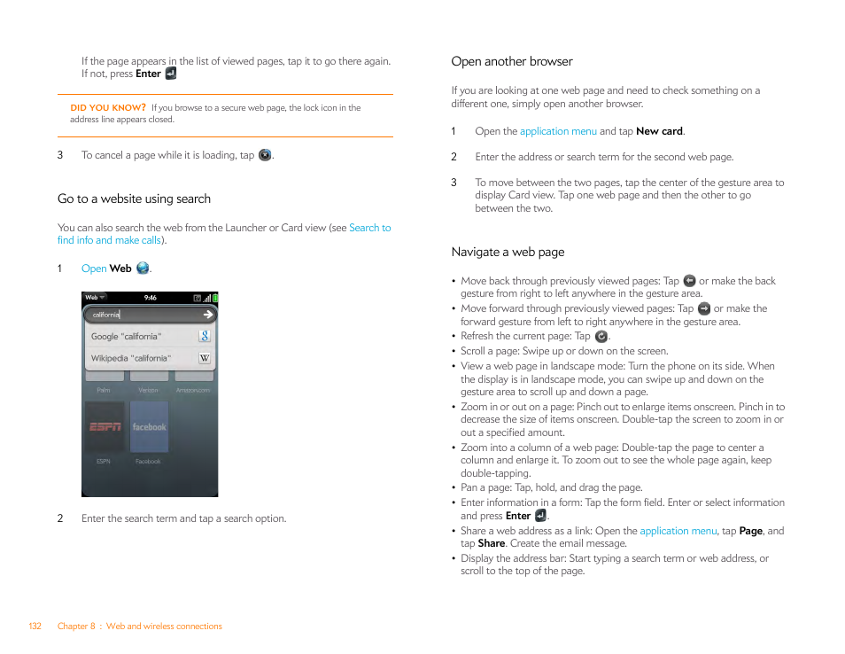 Go to a website using search, Open another browser | Palm Pre Plus User Manual | Page 132 / 209