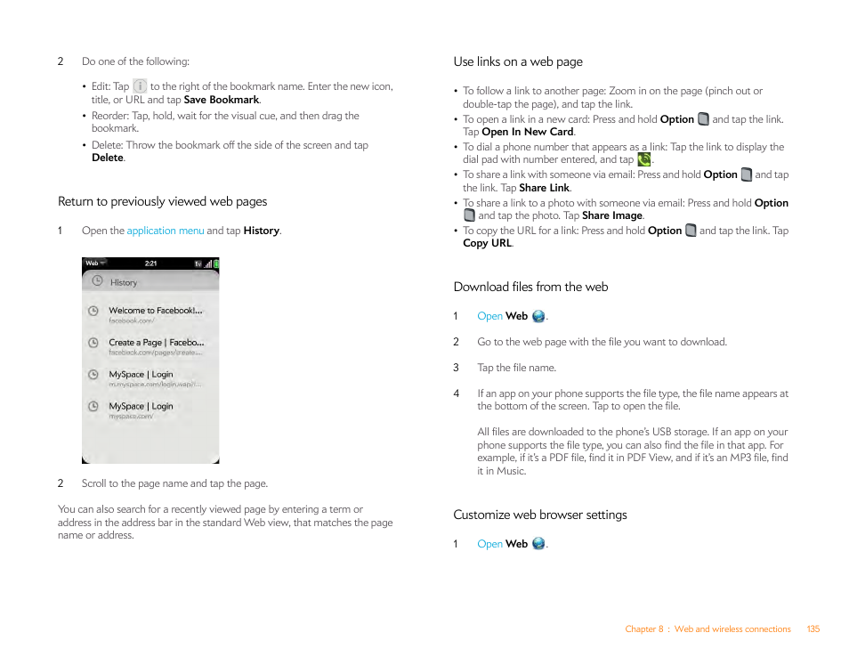 Download files from the web, Customize web browser settings | Palm Pre Plus User Manual | Page 135 / 209