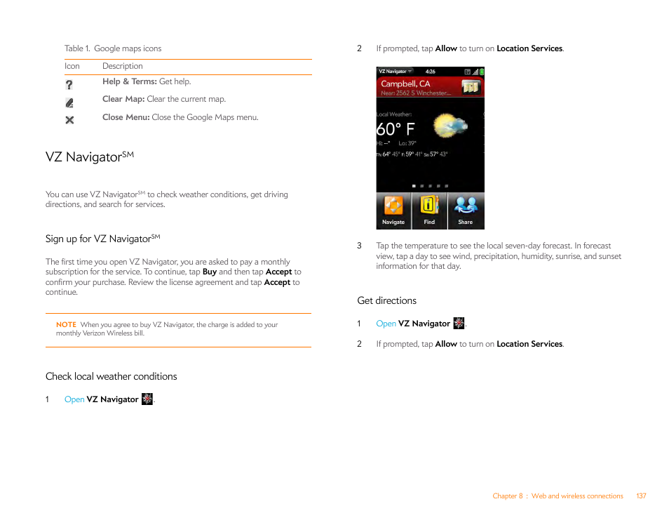 Vz navigatorsm, Sign up for vz navigatorsm, Check local weather conditions | Get directions, Vz navigator | Palm Pre Plus User Manual | Page 137 / 209