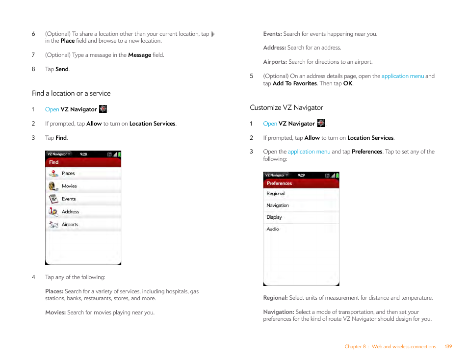 Find a location or a service, Customize vz navigator | Palm Pre Plus User Manual | Page 139 / 209