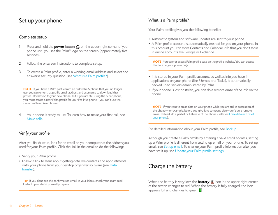 Set up your phone, Complete setup, Verify your profile | What is a palm profile, Charge the battery, What is a palm, Profile | Palm Pre Plus User Manual | Page 14 / 209