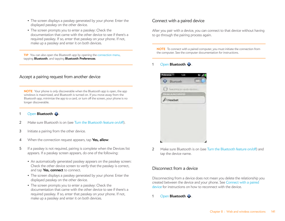 Accept a pairing request from another device, Connect with a paired device, Disconnect from a device | Palm Pre Plus User Manual | Page 141 / 209