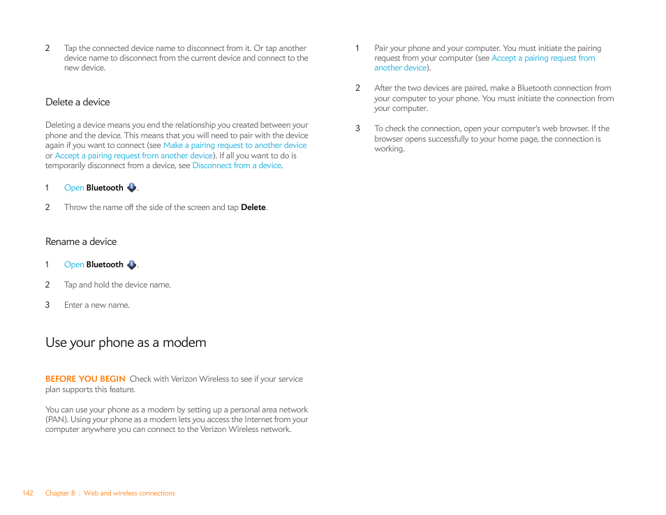 Delete a device, Rename a device, Use your phone as a modem | Use your, Phone as a modem | Palm Pre Plus User Manual | Page 142 / 209