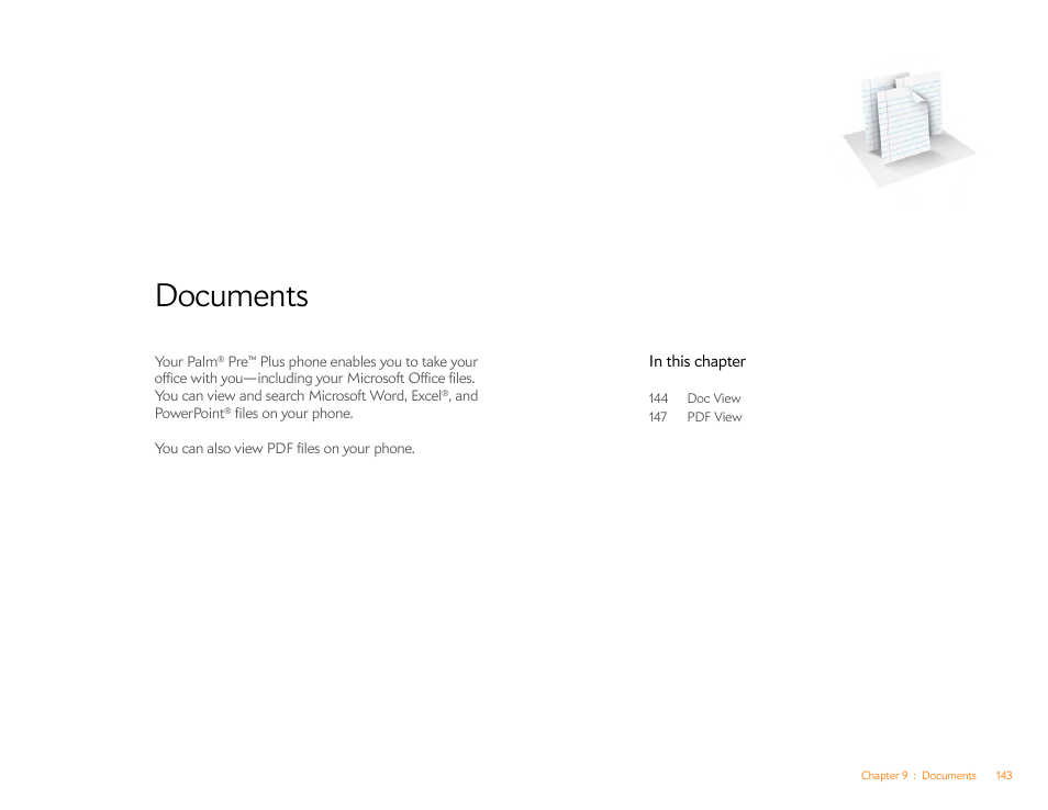 Documents, Chapter 9 | Palm Pre Plus User Manual | Page 143 / 209