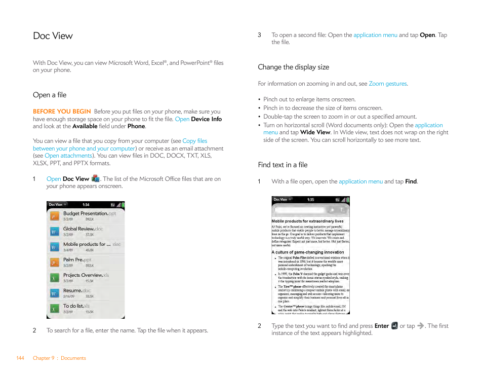 Doc view, Open a file, Change the display size | Find text in a file | Palm Pre Plus User Manual | Page 144 / 209