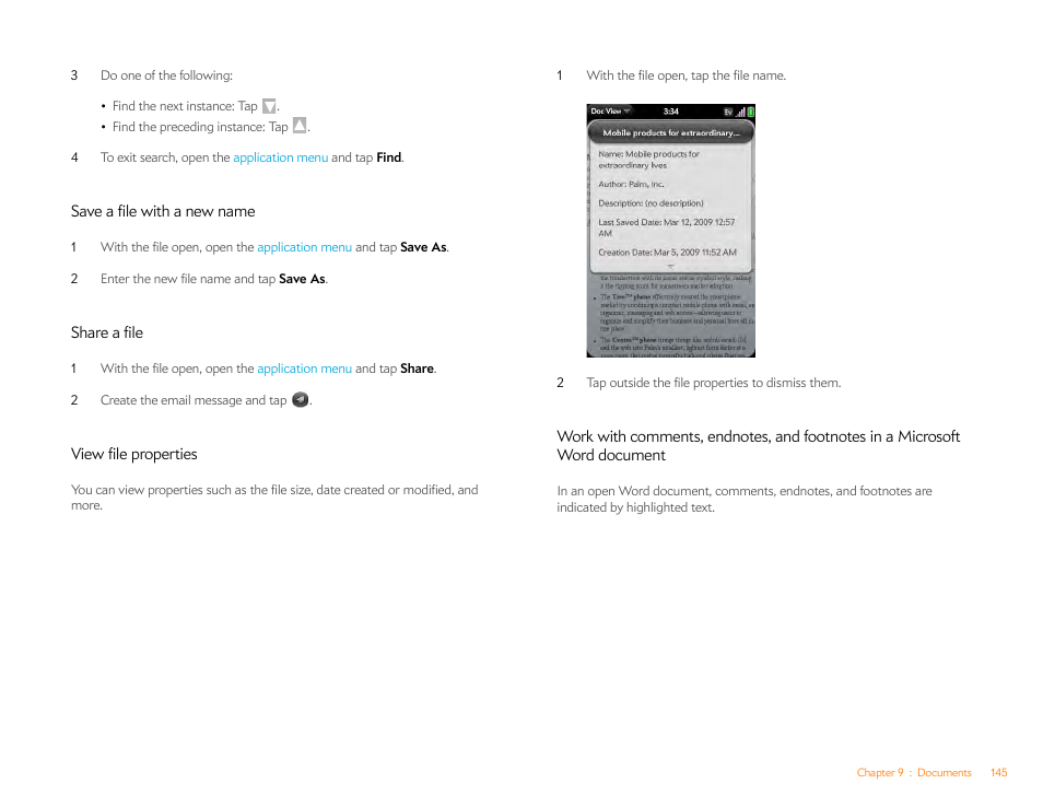 Save a file with a new name, Share a file, View file properties | Palm Pre Plus User Manual | Page 145 / 209