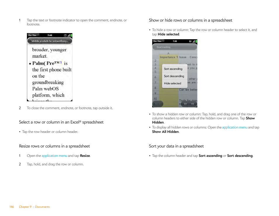 Select a row or column in an excel® spreadsheet, Resize rows or columns in a spreadsheet, Show or hide rows or columns in a spreadsheet | Sort your data in a spreadsheet | Palm Pre Plus User Manual | Page 146 / 209