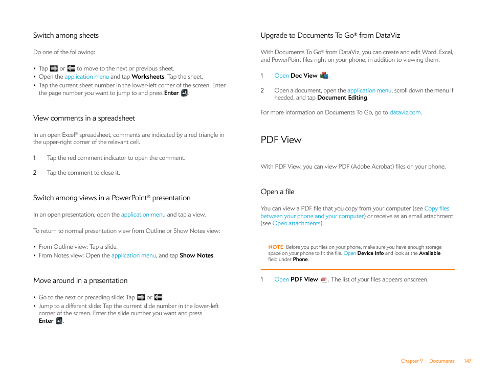 Switch among sheets, View comments in a spreadsheet, Switch among views in a powerpoint® presentation | Move around in a presentation, Upgrade to documents to go® from dataviz, Pdf view, Open a file | Palm Pre Plus User Manual | Page 147 / 209