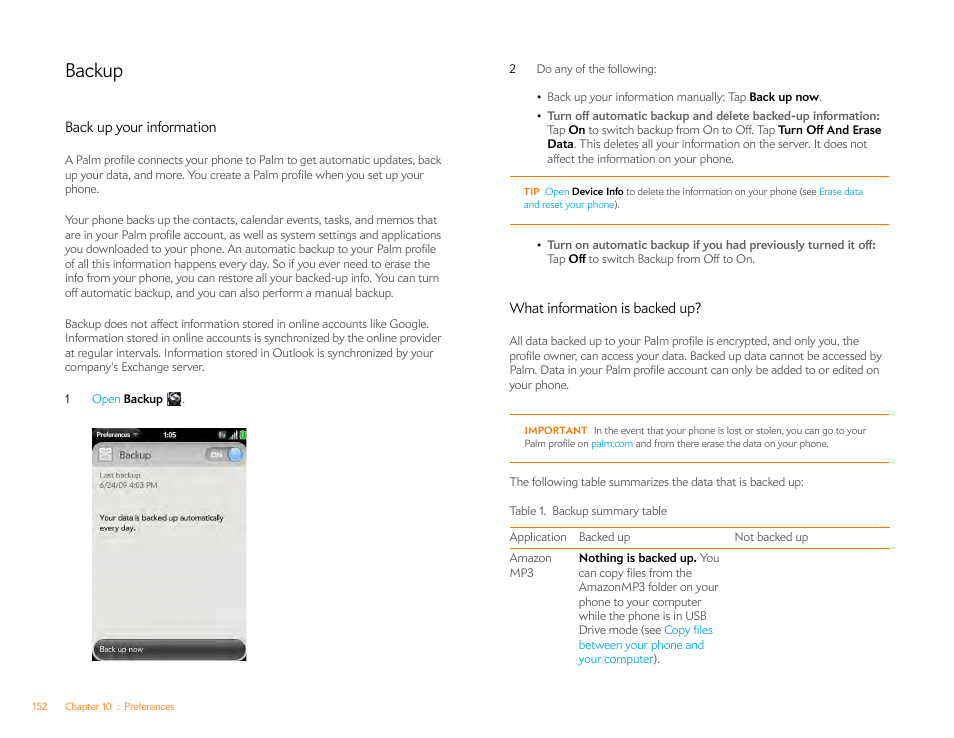 Backup, Back up your information, What information is backed up | Palm Pre Plus User Manual | Page 152 / 209