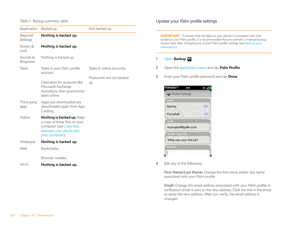 Update your palm profile settings | Palm Pre Plus User Manual | Page 154 / 209