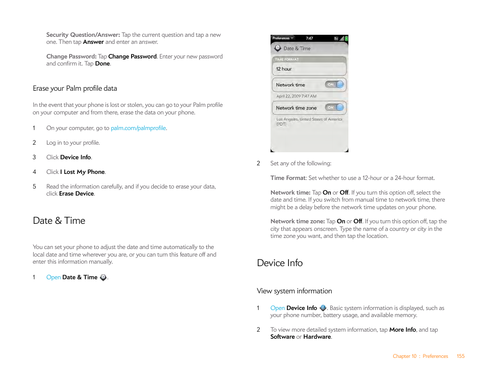 Erase your palm profile data, Date & time, Device info | View system information | Palm Pre Plus User Manual | Page 155 / 209