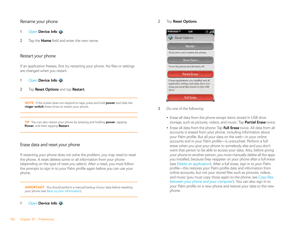 Rename your phone, Restart your phone, Erase data and reset your phone | Erase data and reset, Your phone, Erase data, And reset your phone | Palm Pre Plus User Manual | Page 156 / 209