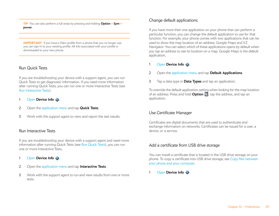 Run quick tests, Run interactive tests, Change default applications | Use certificate manager, Add a certificate from usb drive storage | Palm Pre Plus User Manual | Page 157 / 209