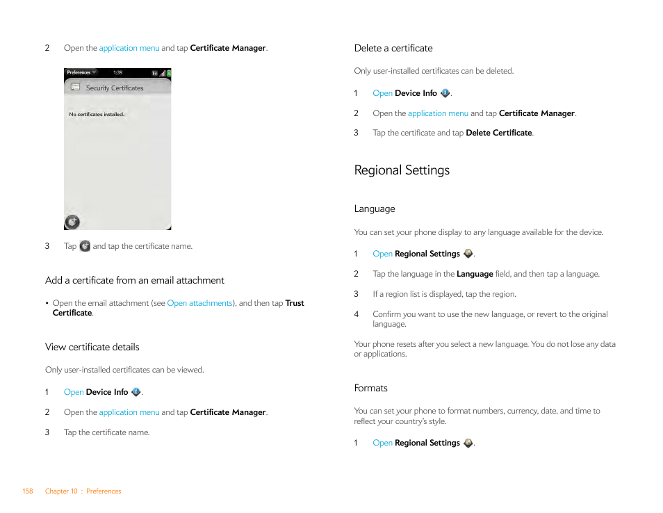 Add a certificate from an email attachment, View certificate details, Delete a certificate | Regional settings, Language, Formats | Palm Pre Plus User Manual | Page 158 / 209