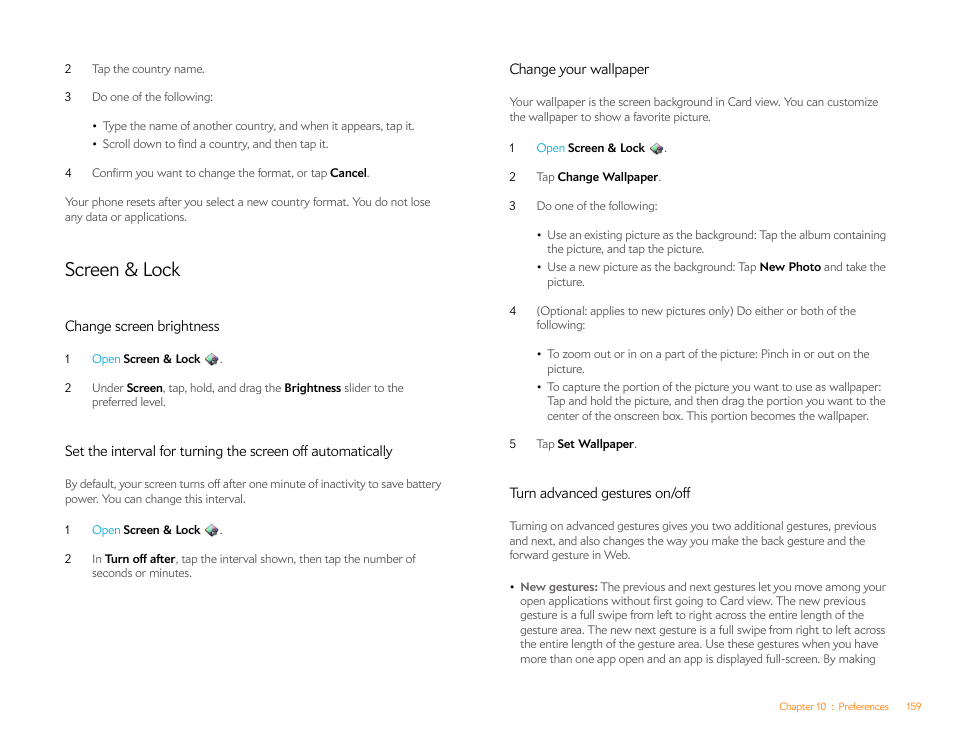 Screen & lock, Change screen brightness, Change your wallpaper | Turn advanced gestures on/off | Palm Pre Plus User Manual | Page 159 / 209