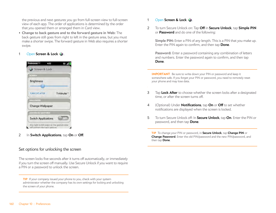 Set options for unlocking the screen | Palm Pre Plus User Manual | Page 160 / 209