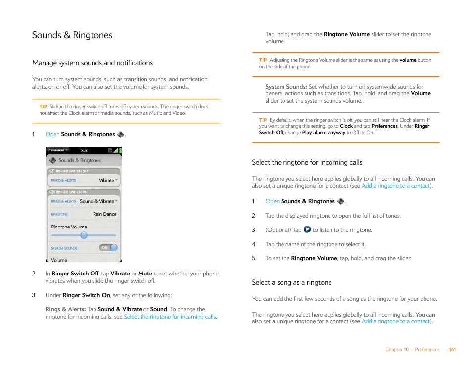 Sounds & ringtones, Manage system sounds and notifications, Select the ringtone for incoming calls | Select a song as a ringtone, Select the ringtone for, Incoming calls, Manage, System sounds and notifications, Select a song as a, Ringtone | Palm Pre Plus User Manual | Page 161 / 209