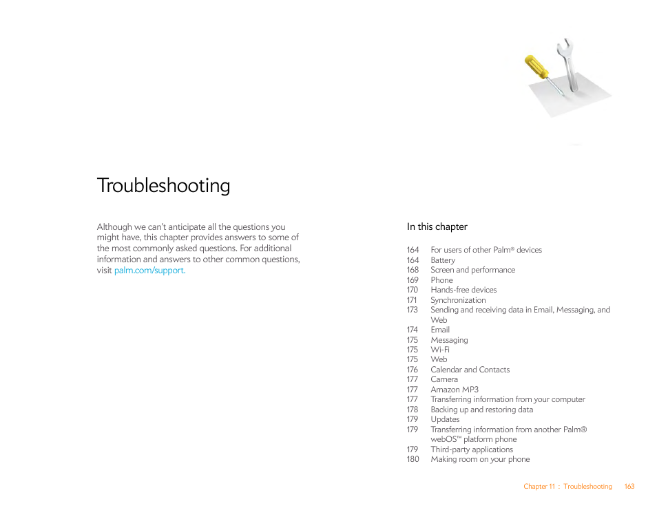Troubleshooting, Chapter 11 | Palm Pre Plus User Manual | Page 163 / 209