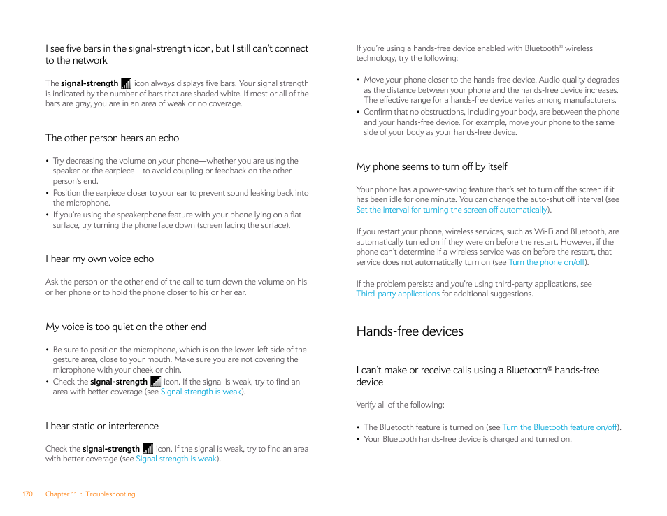 The other person hears an echo, I hear my own voice echo, My voice is too quiet on the other end | I hear static or interference, My phone seems to turn off by itself, Hands-free devices | Palm Pre Plus User Manual | Page 170 / 209