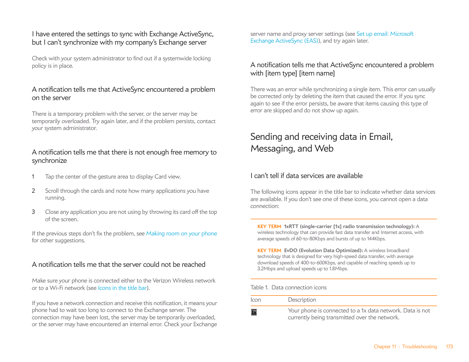 I can’t tell if data services are available, I can’t tell, If data services are available | I can’t, Tell if data services are available, Eless network, Ur phone conducts a universal search (see, Your phone is in roaming coverage. s | Palm Pre Plus User Manual | Page 173 / 209