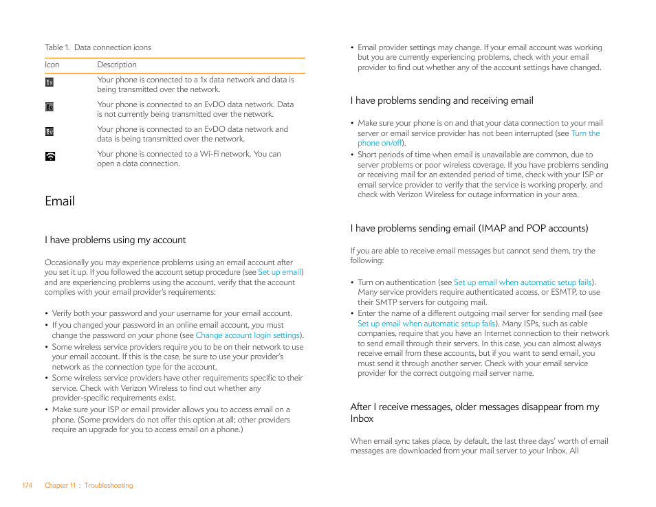 Email, I have problems using my account, I have problems sending and receiving email | Palm Pre Plus User Manual | Page 174 / 209