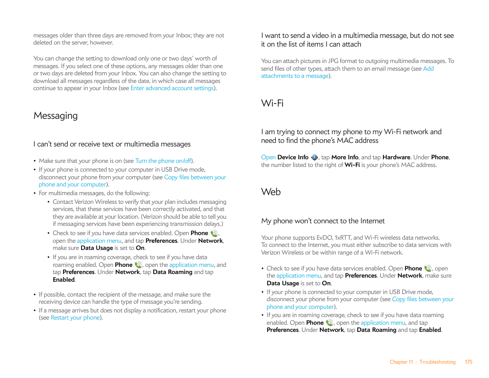 Messaging, Wi-fi, My phone won’t connect to the internet | Palm Pre Plus User Manual | Page 175 / 209