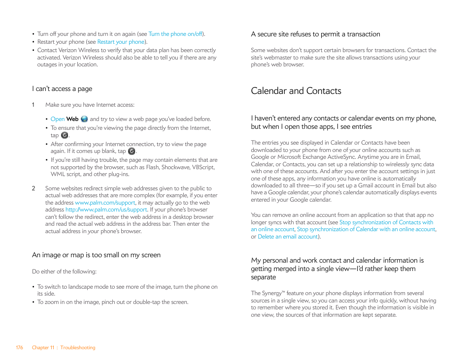 An image or map is too small on my screen, A secure site refuses to permit a transaction, Calendar and contacts | Palm Pre Plus User Manual | Page 176 / 209