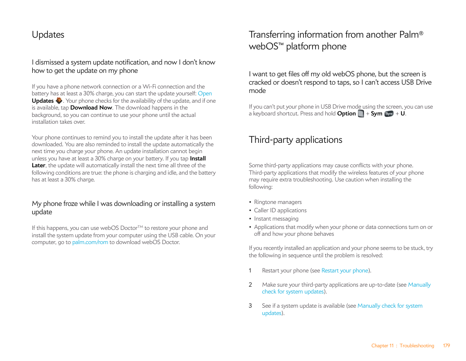 Updates, Third-party applications, Transferring information from another palm | Webos™ platform phone | Palm Pre Plus User Manual | Page 179 / 209