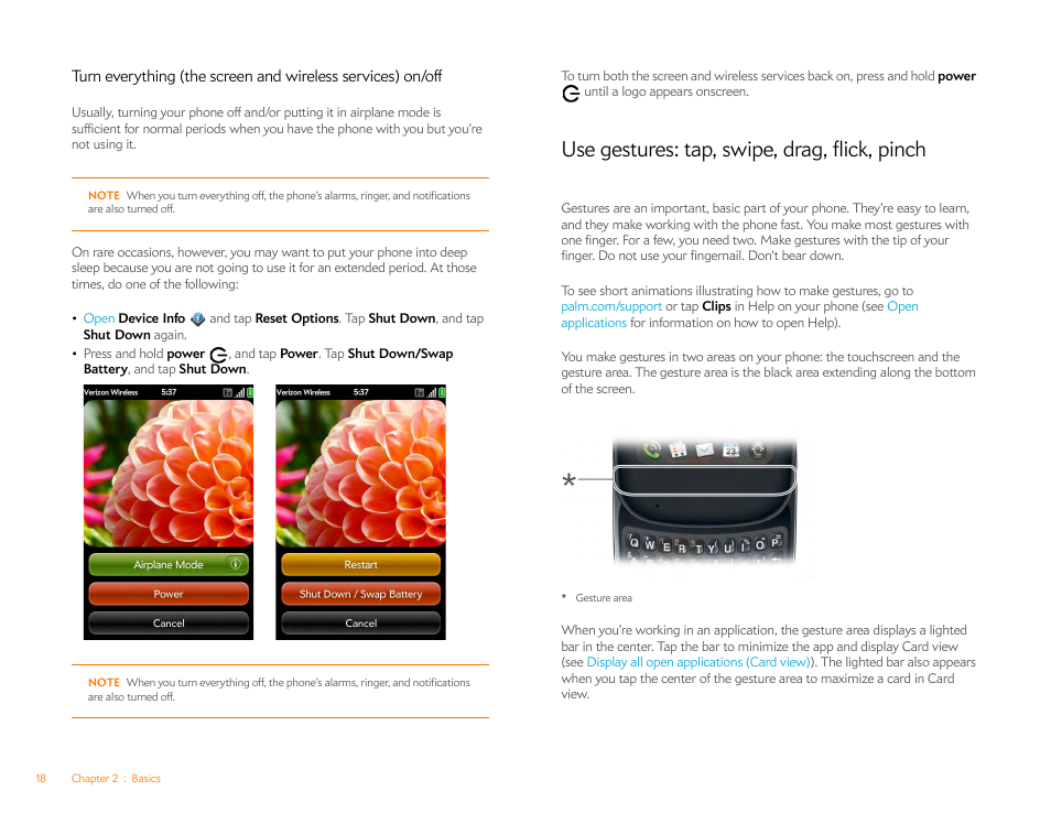 Use gestures: tap, swipe, drag, flick, pinch, Use gestures: tap, Swipe, drag, flick, pinch | Palm Pre Plus User Manual | Page 18 / 209