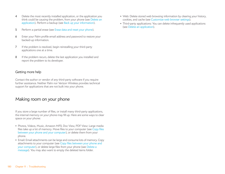 Getting more help, Making room on your phone | Palm Pre Plus User Manual | Page 180 / 209
