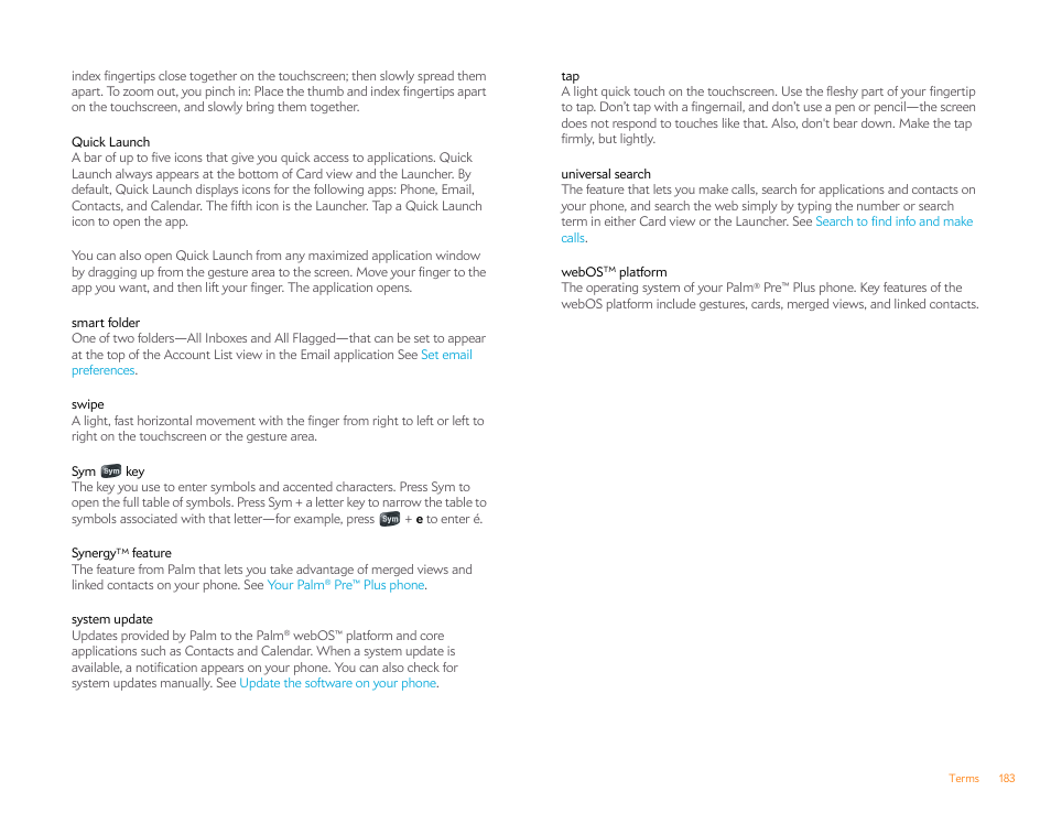 Universal search, Quick launch | Palm Pre Plus User Manual | Page 183 / 209