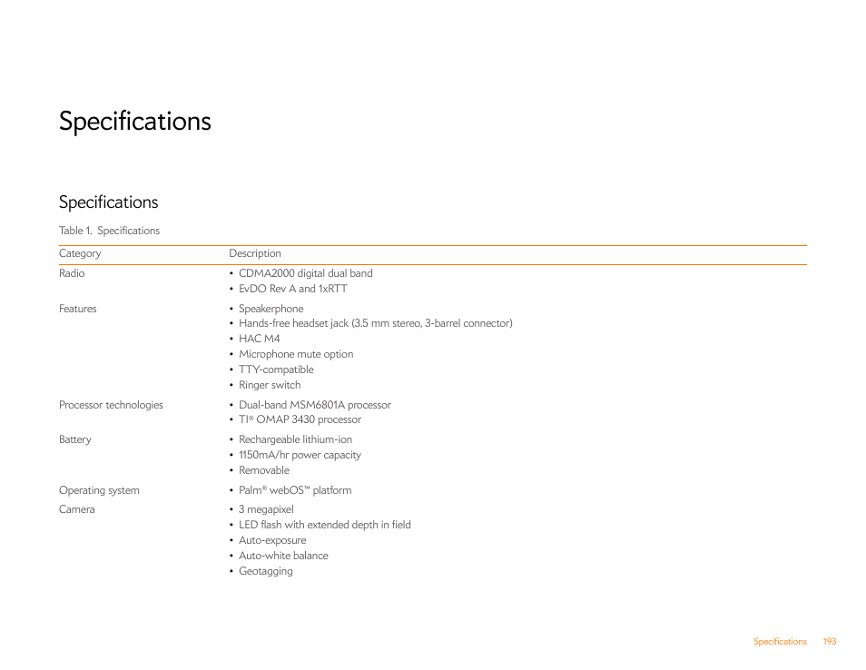 Specifications | Palm Pre Plus User Manual | Page 193 / 209