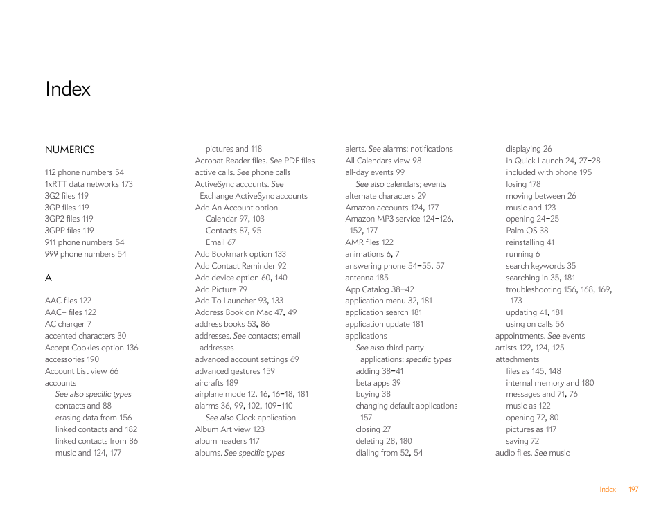 Index, Numerics | Palm Pre Plus User Manual | Page 197 / 209