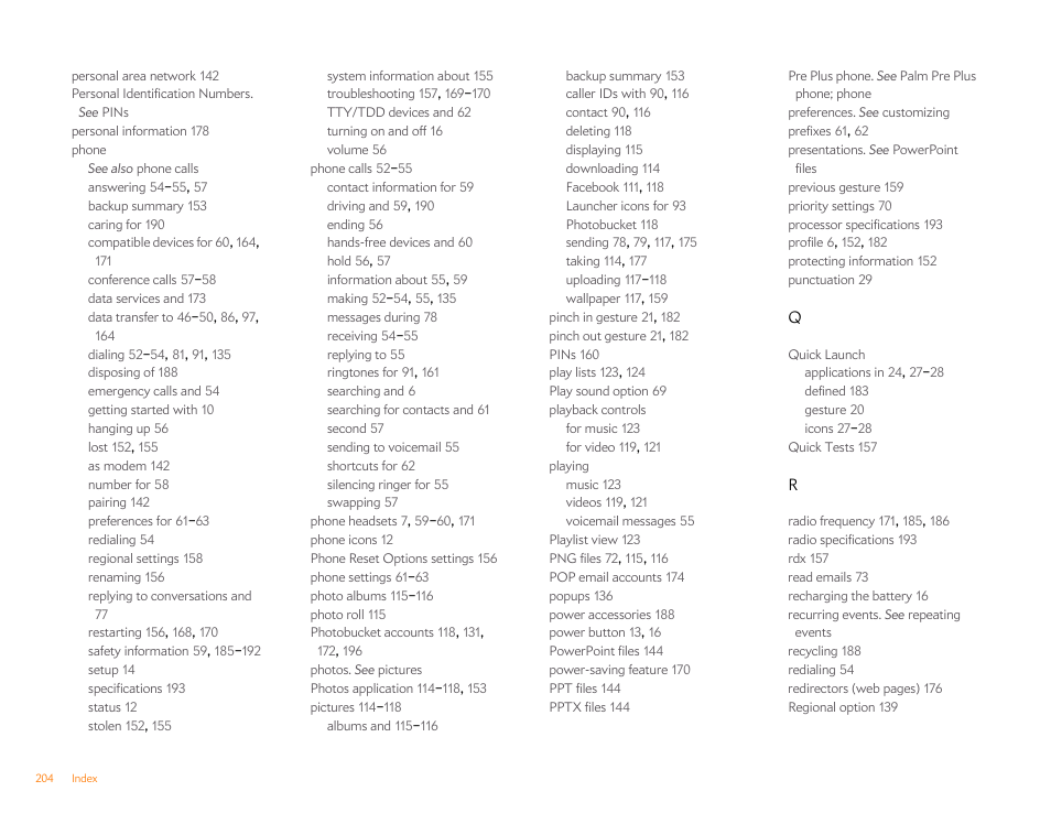 Palm Pre Plus User Manual | Page 204 / 209