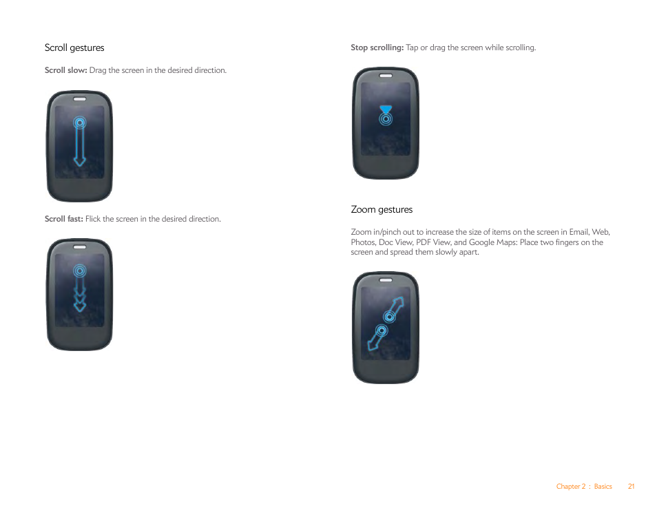 Scroll gestures, Zoom gestures | Palm Pre Plus User Manual | Page 21 / 209