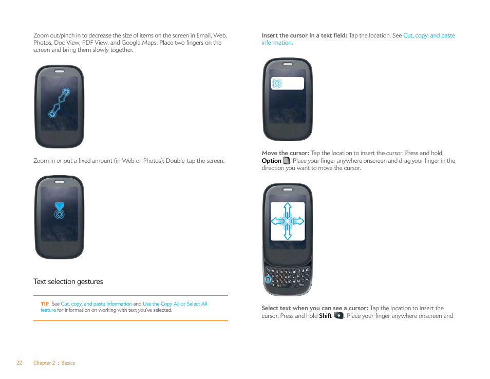 Text selection gestures, Text selection, Gestures | Palm Pre Plus User Manual | Page 22 / 209