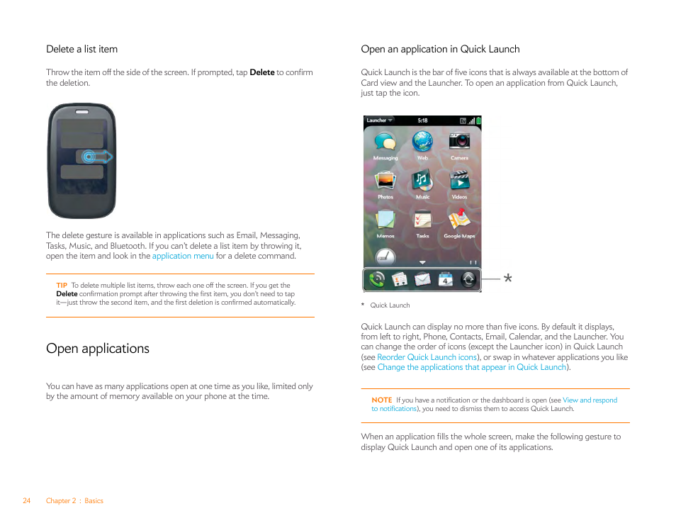 Delete a list item, Open applications, Open an application in quick launch | Open, Applications | Palm Pre Plus User Manual | Page 24 / 209