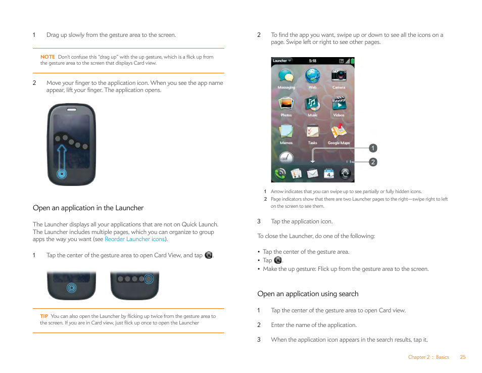 Open an application in the launcher, Open an application using search | Palm Pre Plus User Manual | Page 25 / 209