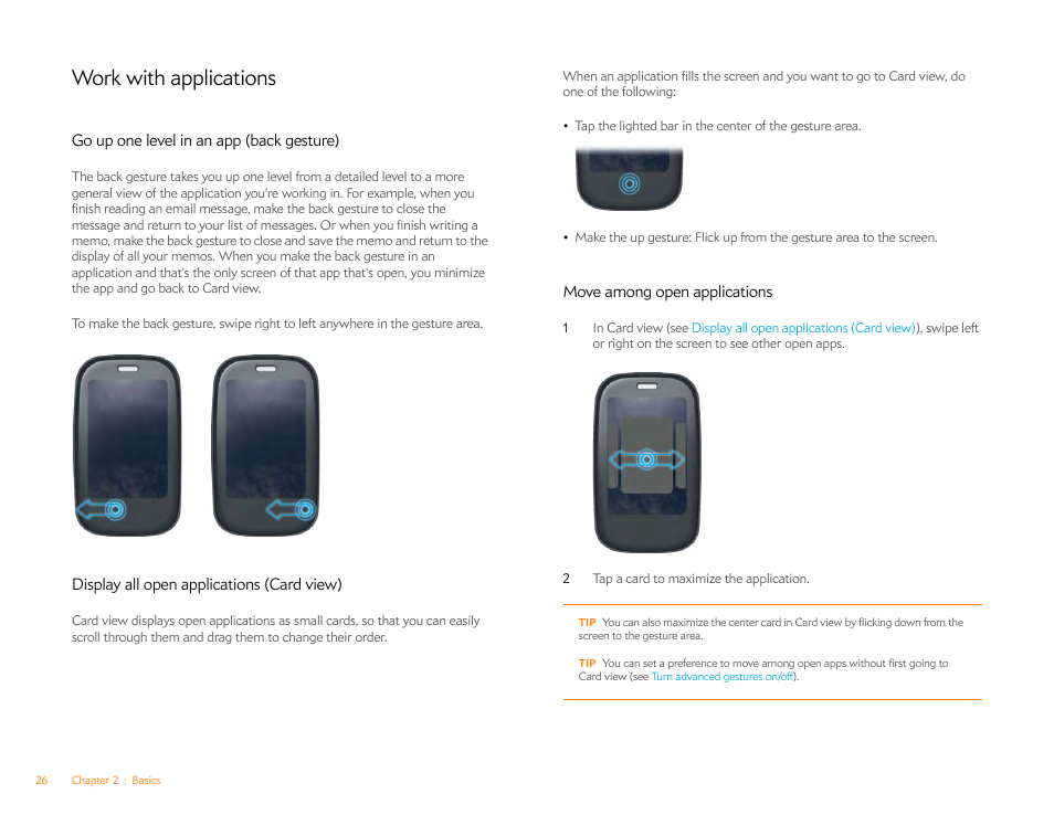 Work with applications, Go up one level in an app (back gesture), Display all open applications (card view) | Move among open applications | Palm Pre Plus User Manual | Page 26 / 209