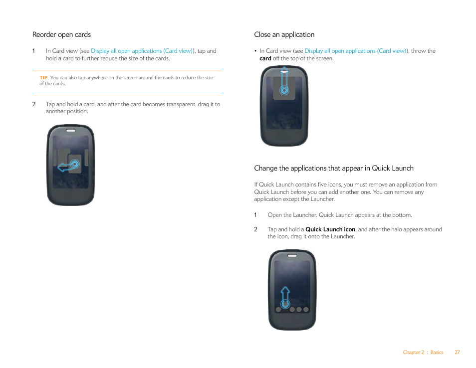 Reorder open cards, Close an application | Palm Pre Plus User Manual | Page 27 / 209