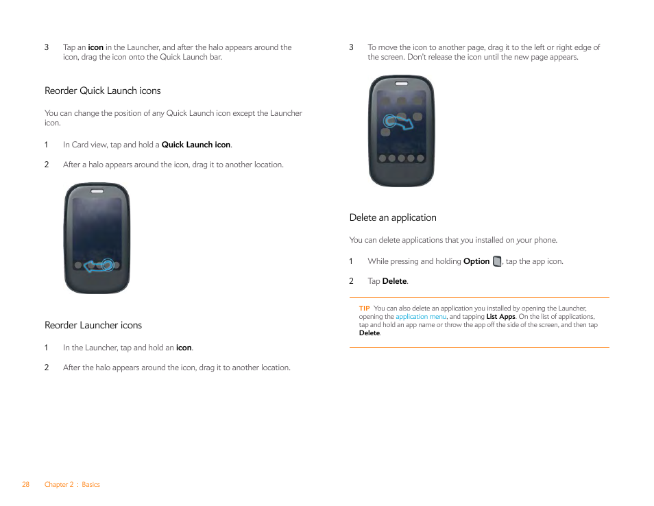 Reorder quick launch icons, Reorder launcher icons, Delete an application | Palm Pre Plus User Manual | Page 28 / 209