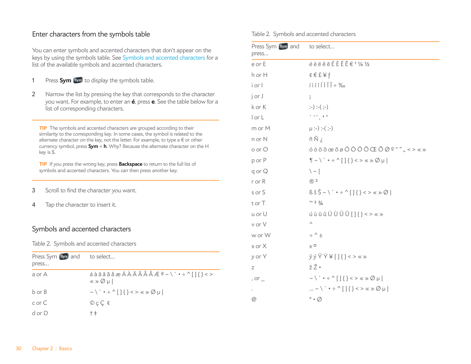 Enter characters from the symbols table, Symbols and accented characters | Palm Pre Plus User Manual | Page 30 / 209