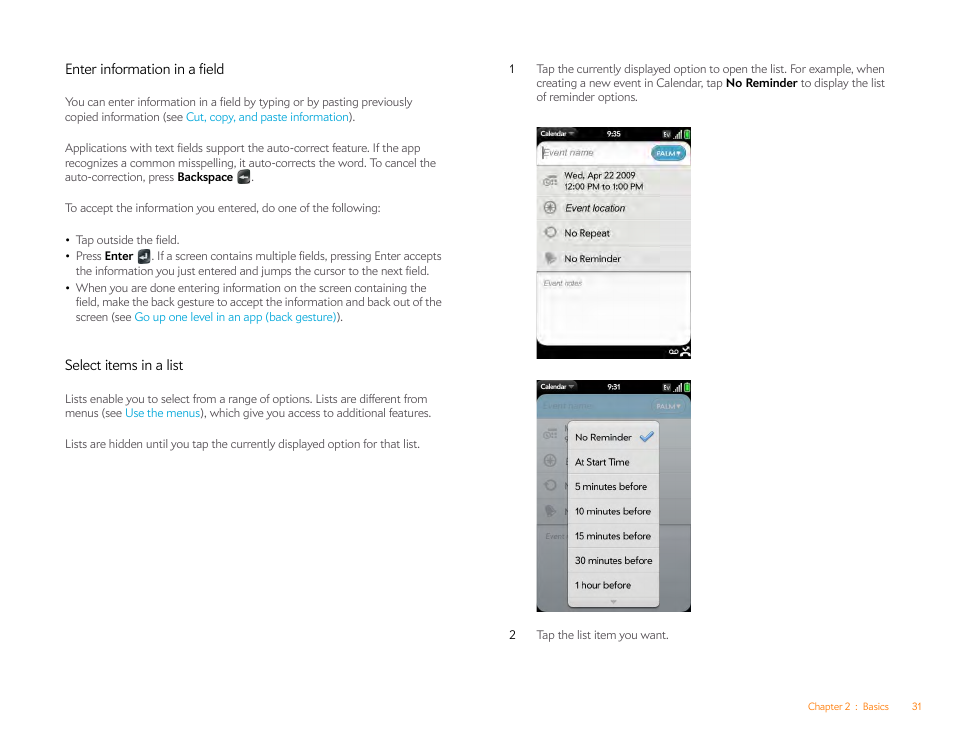 Enter information in a field, Select items in a list | Palm Pre Plus User Manual | Page 31 / 209